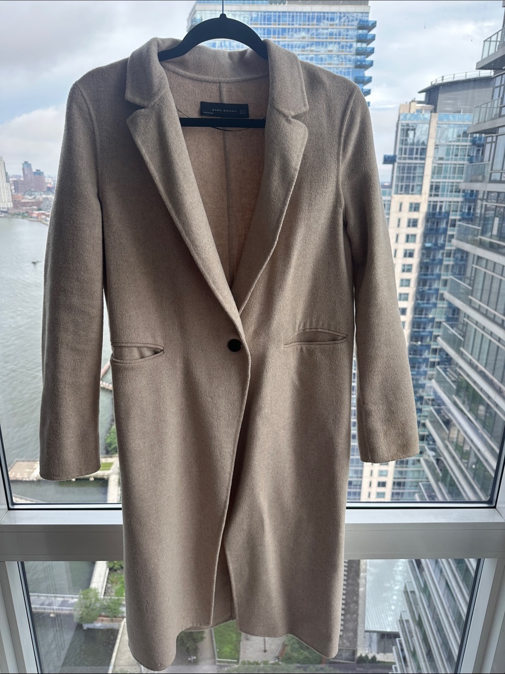 Zara Taupe Single-Button Long Wool Blend Coat